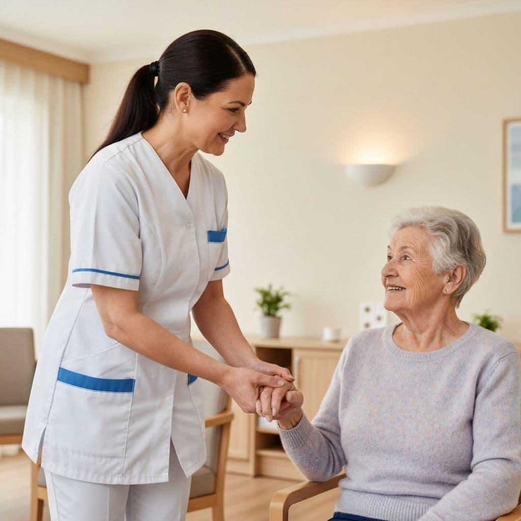 Compassionate care worker helping elderly patient